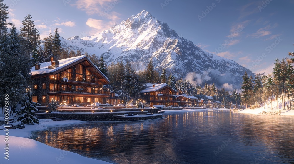 Fototapeta premium Winter Wonderland Cabin Village with Mountain View and Lake