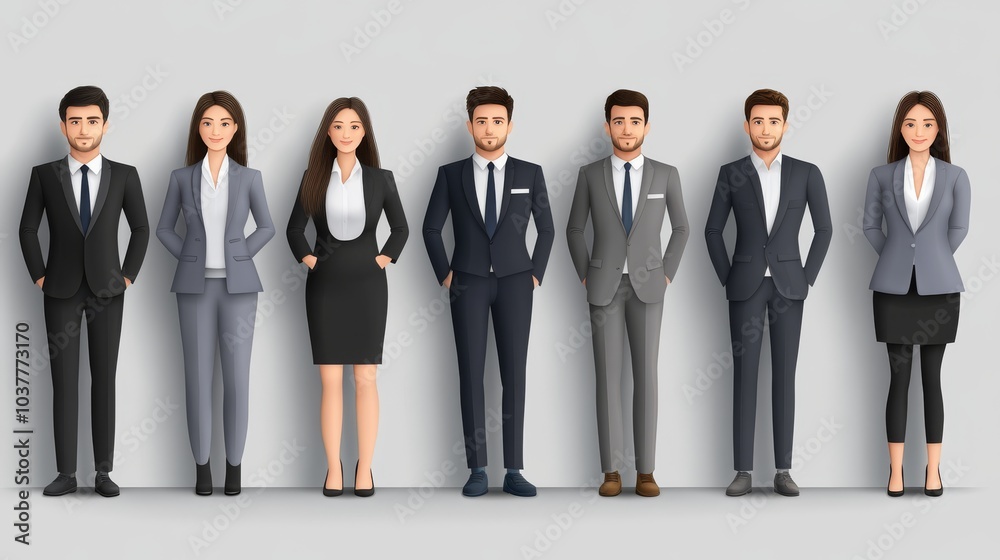 Diverse group of business professionals in formal attire, standing confidently against a neutral background, showcasing teamwork and leadership. Diverse group of business professionals in formal attire, standing confidently against a neutral background, showcasing teamwork and leadership.