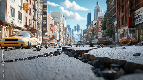 3D Cartoon Urban Street Scene Depicting the Aftermath of an Earthquake with a Jagged Crack Running Through the Asphalt  -