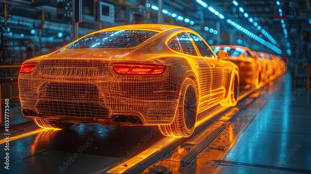 Digital hologram of a modern car on the robot assembly line in an automotive factory, with digital data and chart Digital hologram of a modern car on the robot assembly line in an automotive factory, with digital data and chart