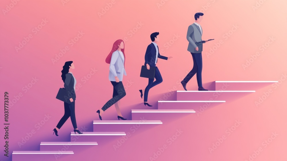 Four professionals ascending stairs, symbolizing career growth and ambition in a modern, vibrant artistic style. Four professionals ascending stairs, symbolizing career growth and ambition in a modern, vibrant artistic style.