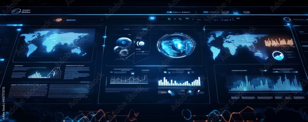 Futuristic data visualization dashboard displaying global metrics, charts, and graphs in a sleek, high-tech style. Futuristic data visualization dashboard displaying global metrics, charts, and graphs in a sleek, high-tech style.