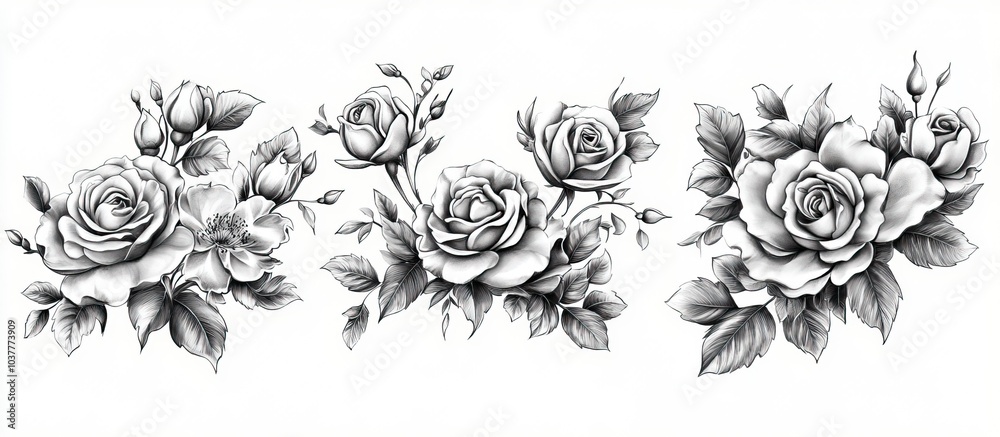 Set of various roses and leaves, tattoo design, elegance and beauty of classic floral designs sketch engraving generative ai raster illustration
Set of various roses and leaves, tattoo design, elegance and beauty of classic floral designs sketch engraving generative ai raster illustration