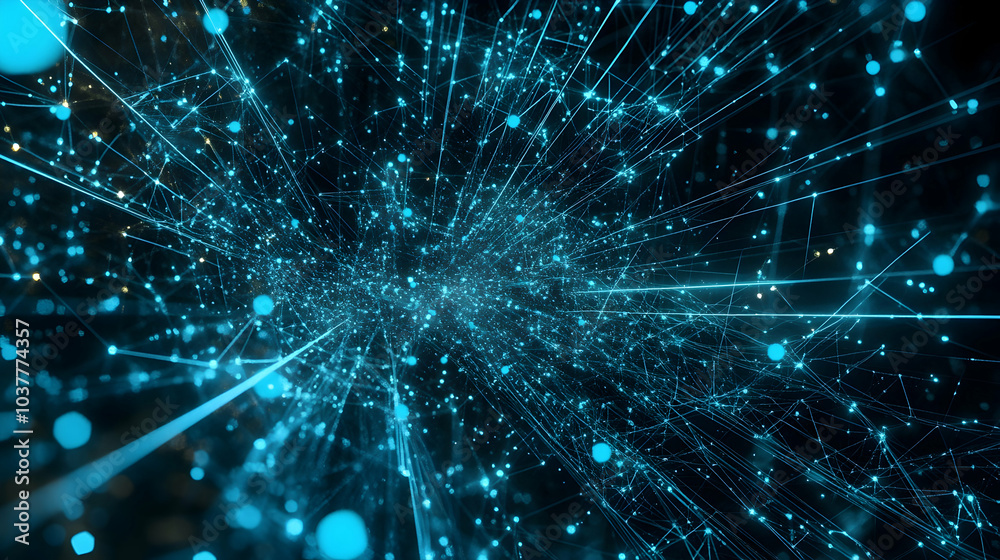 Naklejka premium Digital network illustration with data flow and connections in a blue color scheme, representing technology -