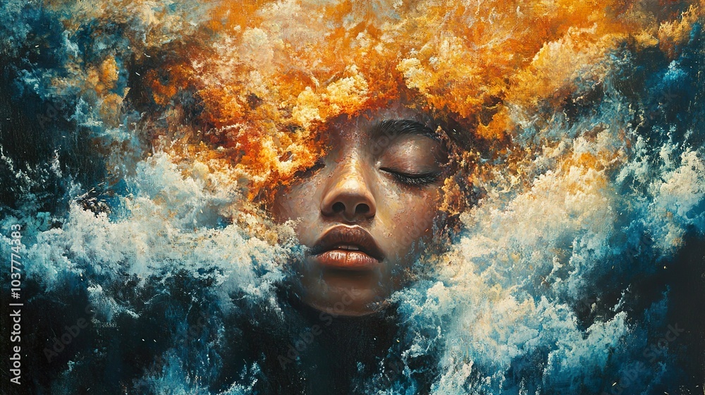 Dreamy Portrait of a Woman Surrounded by Golden and Blue Clouds Dreamy Portrait of a Woman Surrounded by Golden and Blue Clouds