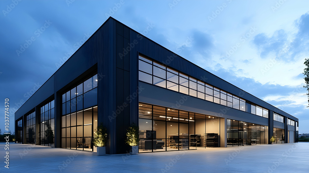 Exterior of a Modern Warehouse Facility with Office Unit, Rendered for Industrial Design - Exterior of a Modern Warehouse Facility with Office Unit, Rendered for Industrial Design -