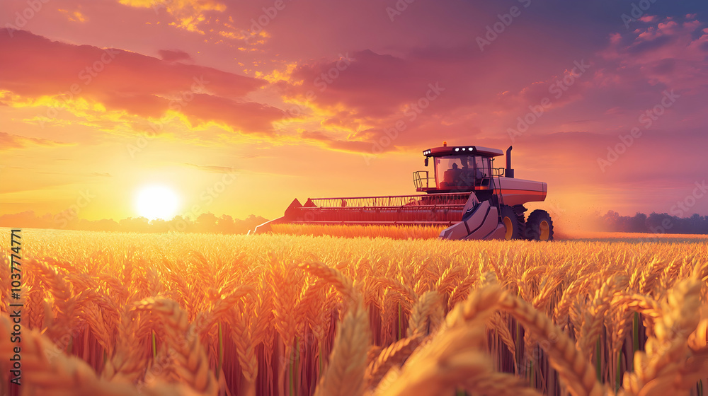 Fototapeta premium Golden 3D Cartoon Wheat Field at Sunset with a Massive Combine Harvester in Action, Symbolizing the Bounty of Agriculture -
