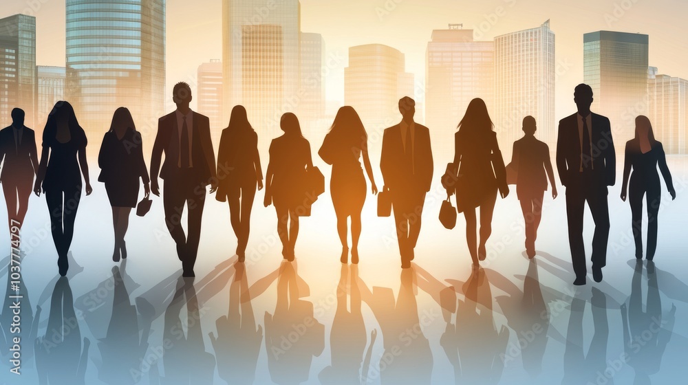 Silhouettes of professionals walking towards a city skyline, symbolizing teamwork, ambition, and corporate success. Silhouettes of professionals walking towards a city skyline, symbolizing teamwork, ambition, and corporate success.