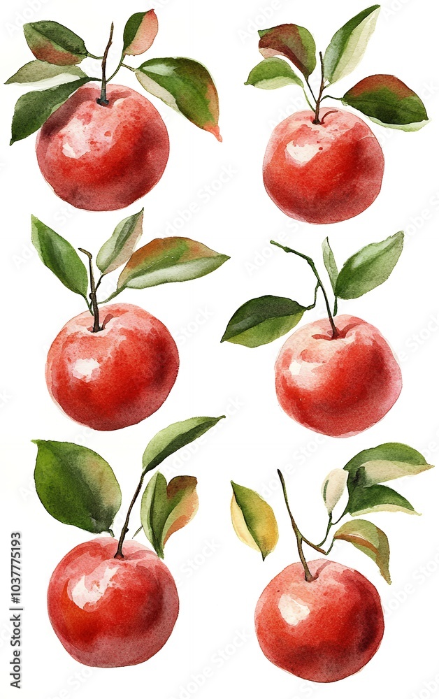 Watercolor painting of six red apples with green leaves on white background. Watercolor painting of six red apples with green leaves on white background.