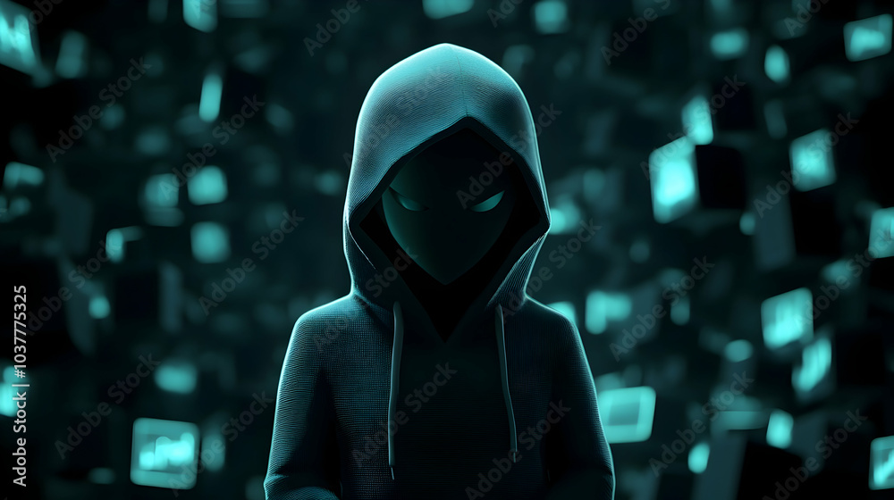Mysterious 3D Cartoon Figure of an Anonymous Hacker, Representing Cybercrime and the Dark Web Against a Shadowy Background - Mysterious 3D Cartoon Figure of an Anonymous Hacker, Representing Cybercrime and the Dark Web Against a Shadowy Background -