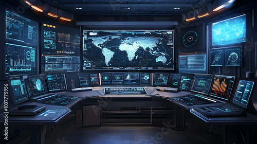 Surveillance HUD Monitor Illustration Featuring Digital UI Dashboards for Tracking and Military Security  -