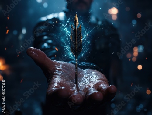 A hand holding a leaf with a golden tip photo