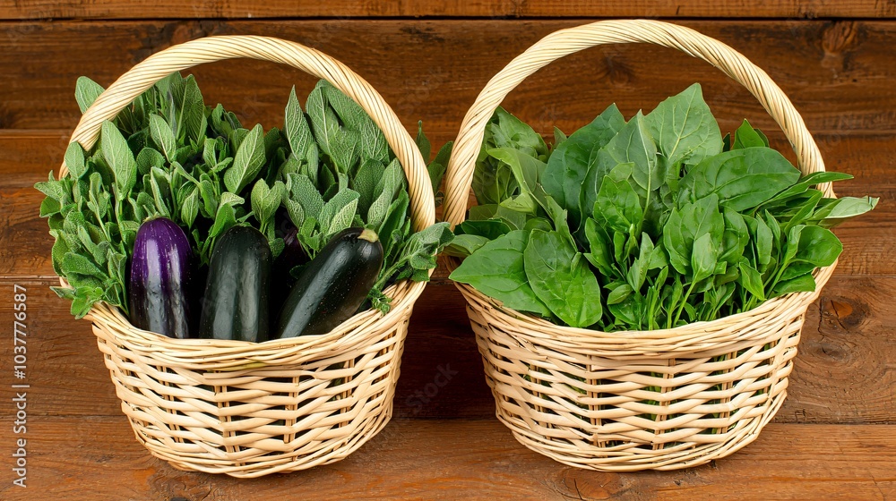 Freshly harvested vegetables in baskets