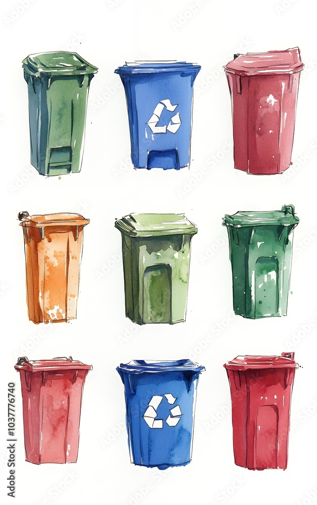 A watercolor illustration of nine recycling bins in different colors ...