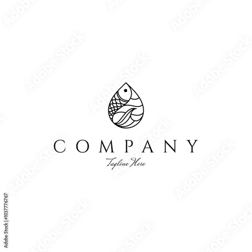 Fish logo with waves drop shape concept in minimalist line art linear design style