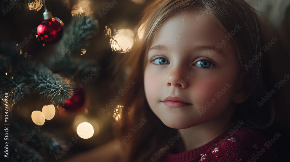 A child gazes thoughtfully at a beautifully decorated Christmas tree during the festive season A child gazes thoughtfully at a beautifully decorated Christmas tree during the festive season