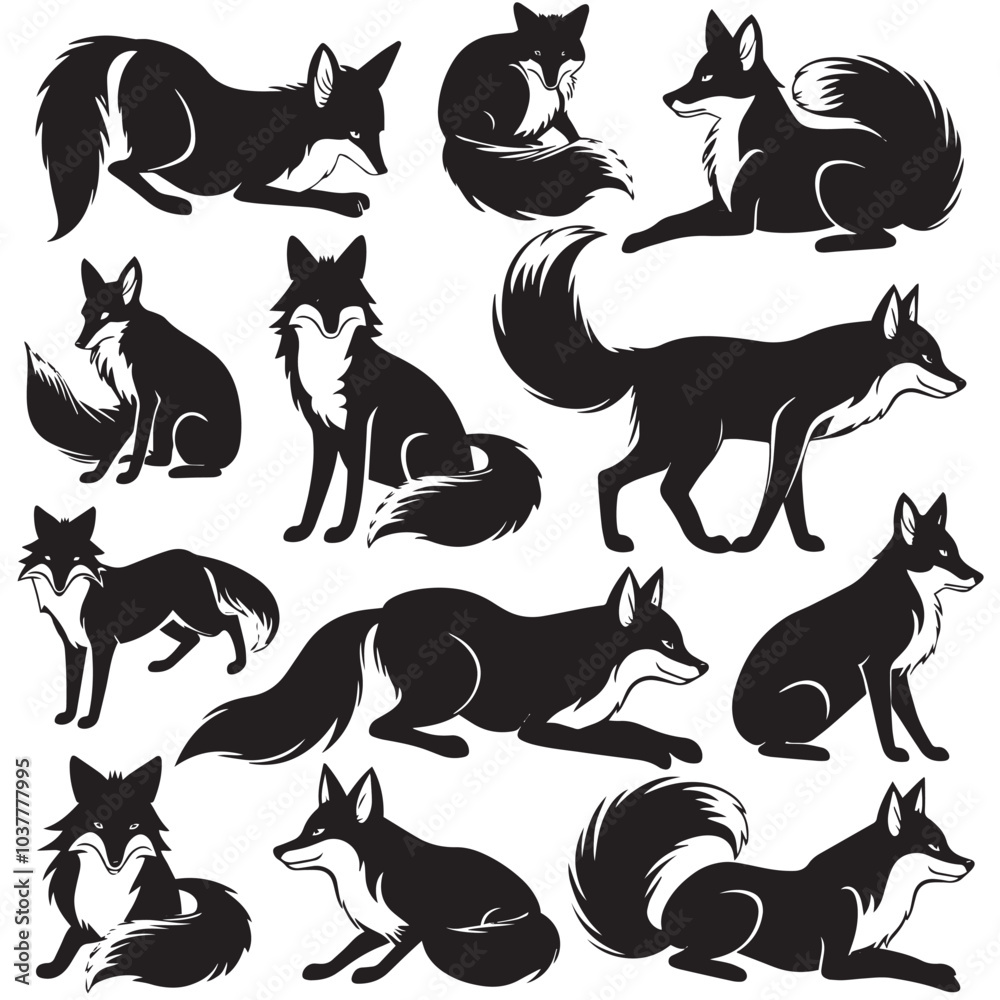 Fototapeta premium A collection of fox vector silhouettes , black silhouettes isolated on white background