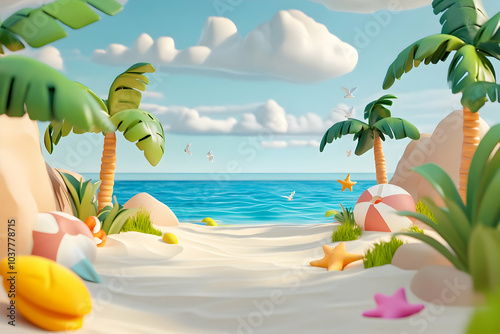 3d cartoon illustration of sandy beach landscapes, representing summer vacation themes in a light and cheerful manner   