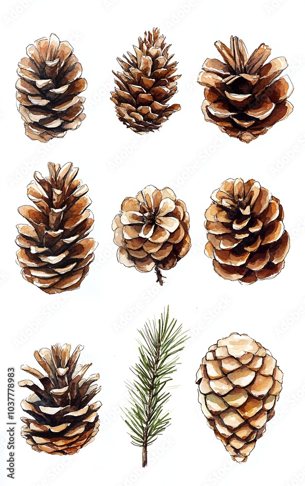 Nine watercolor illustrations of pine cones and a pine branch, perfect for adding a touch of nature to your designs. Nine watercolor illustrations of pine cones and a pine branch, perfect for adding a touch of nature to your designs.