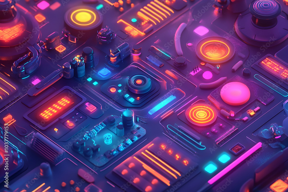3d cartoon illustration of complex technology with scattered glowing elements, representing advanced digital themes 3d cartoon illustration of complex technology with scattered glowing elements, representing advanced digital themes