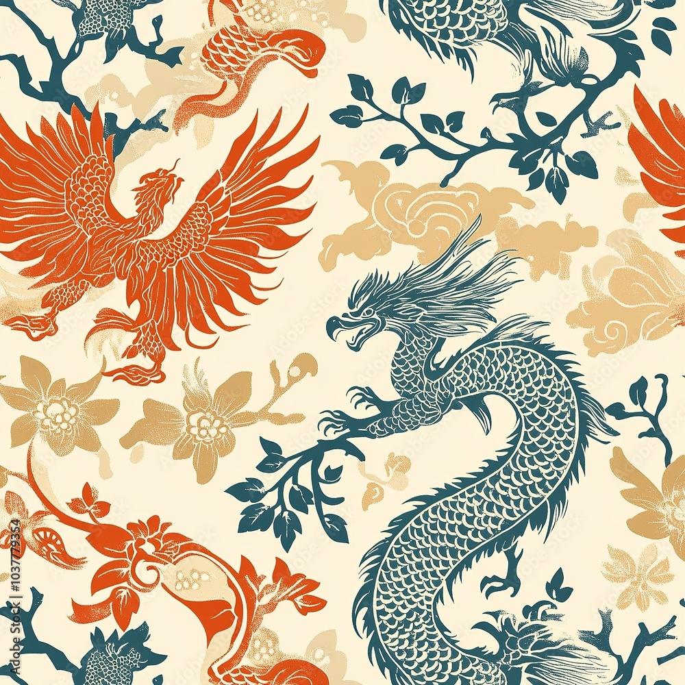 Phoenix and Dragon** Pattern - A pattern symbolizing balance and good fortune, featuring mythical creatures