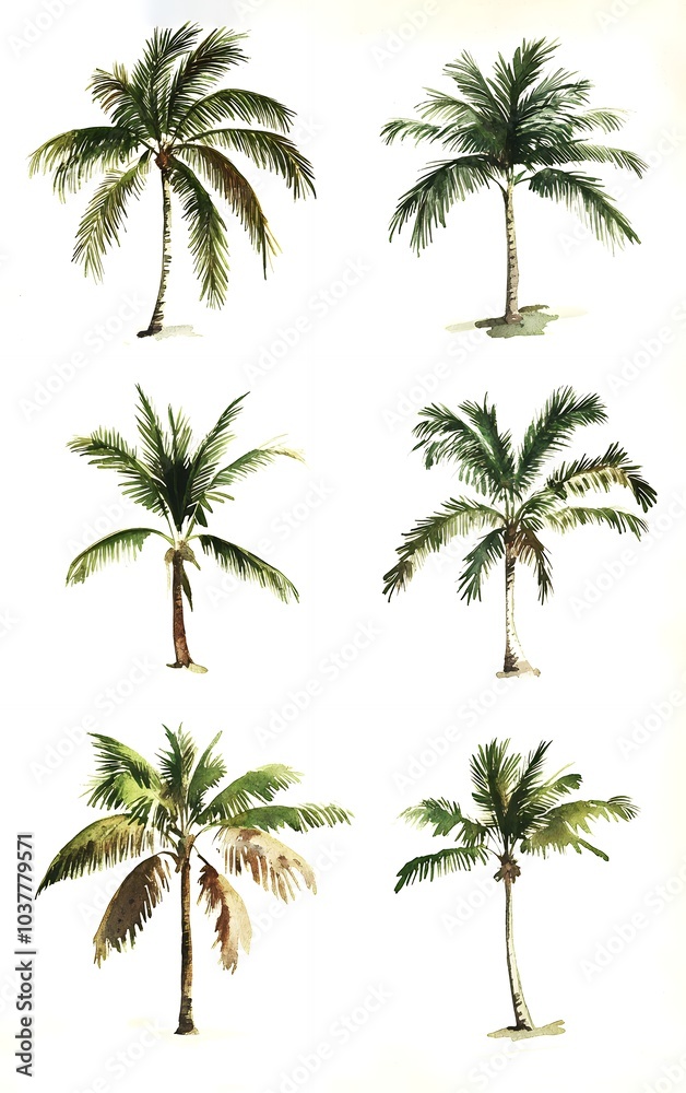 Six watercolor illustrations of palm trees against a white background. Six watercolor illustrations of palm trees against a white background.