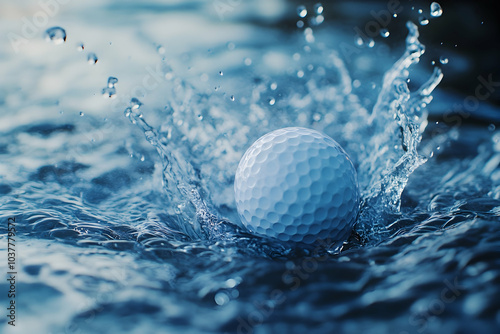 A dynamic image of a golf ball creating a splash of blue water, representing sport and energy in action.   