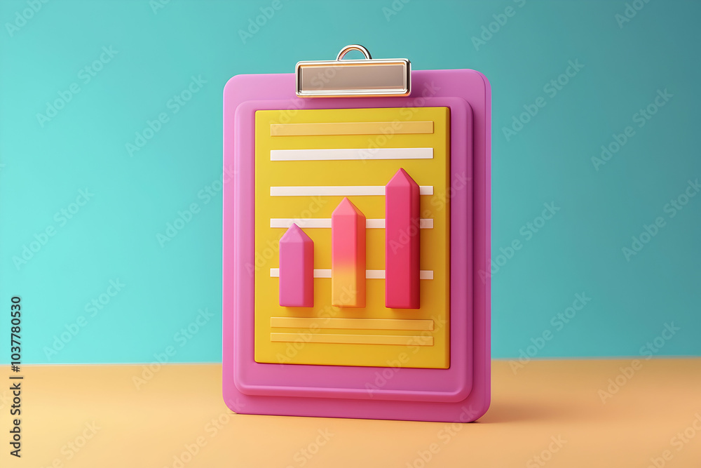 Document chart growth icon, depicting work process and analytics in 3D cartoon illustration   