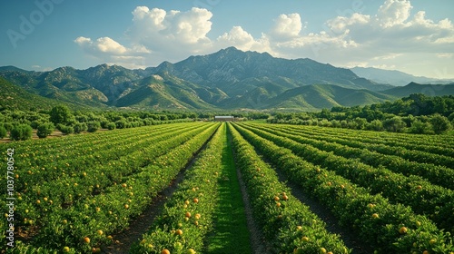 Scenic View of a Lush Orchard in the Foothills of Mountains