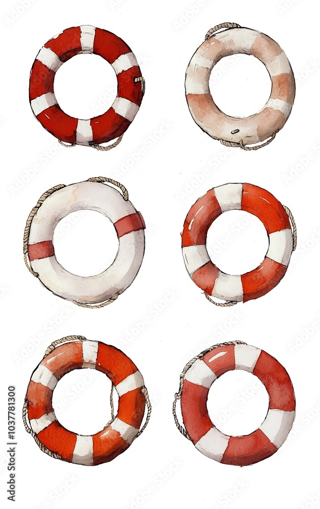 Six watercolor illustrations of red and white life preservers with rope accents on a white background.