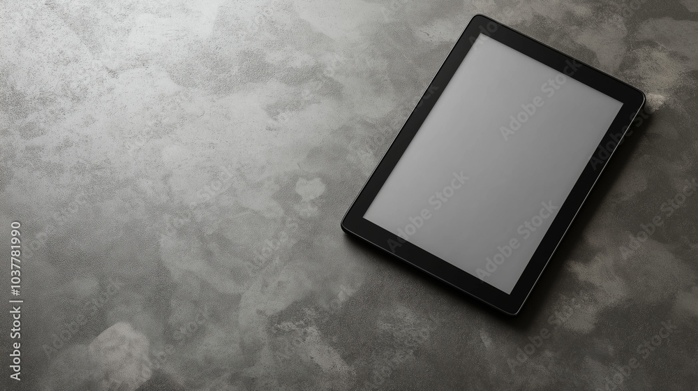 An e-reader positioned on a flat surface, featuring a blank screen for showcasing book covers or interface designs.