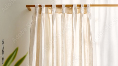 Light, airy curtains in soft beige, draping elegantly from a wooden rod, enhancing a tranquil, inviting room atmosphere.