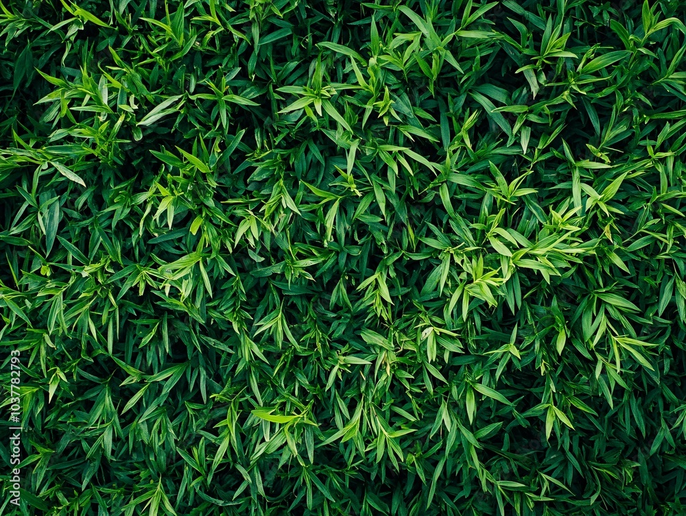 Obraz premium A lush, vibrant green background filled with dense leaves, showcasing the intricate details and textures of nature's foliage.