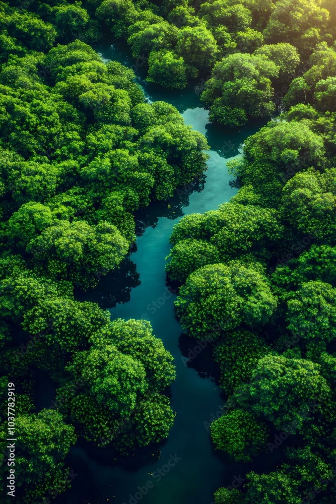 Naklejka premium Aerial top view of a lush mangrove forest with waterways snaking through dense greenery with golden sunlight, the concept of abundant ecosystems, and the beauty of the coastal wetlands. Generative AI
