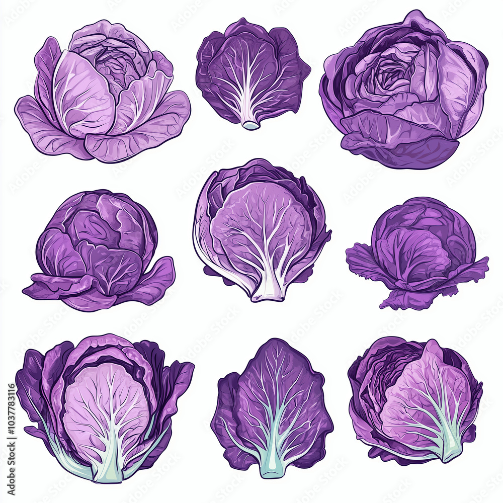 Purple cabbage vegetable illustration set, food clip art element design group Purple cabbage vegetable illustration set, food clip art element design group