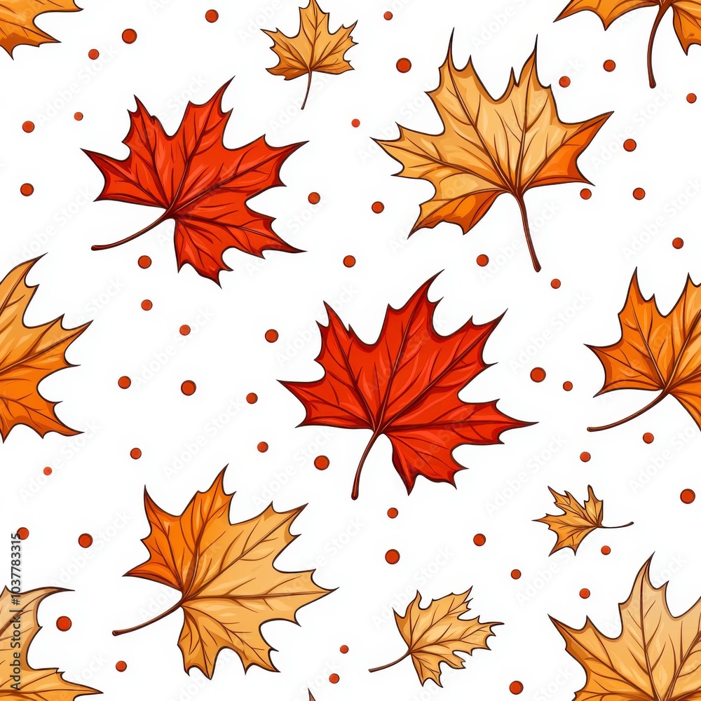Fototapeta premium Autumn Maple Leaf Seamless Pattern: Vibrant Red & Orange Leaves Scattered on a White Background, Featuring a Charming Seasonal Design for Fall-Themed Art, Textiles, Wallpaper & Crafts