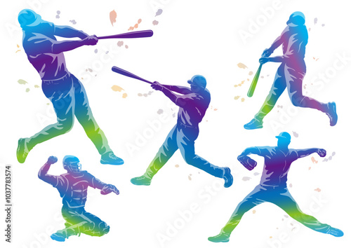 Baseball Players Colorful Vector Silhouette Illustration Set Isolated On A White Background. 