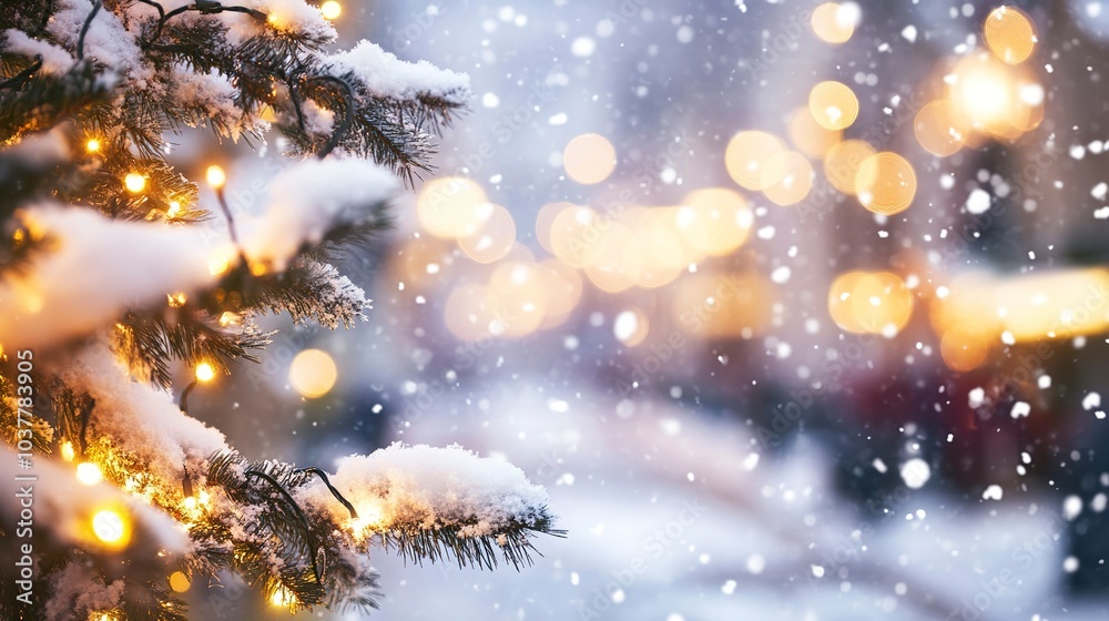 Naklejka premium Delicate Christmas lights intertwined with snow-covered garlands, framing a blurred, warmly lit town square, snowfall creating a soft holiday backdrop, wide-angle close-up 