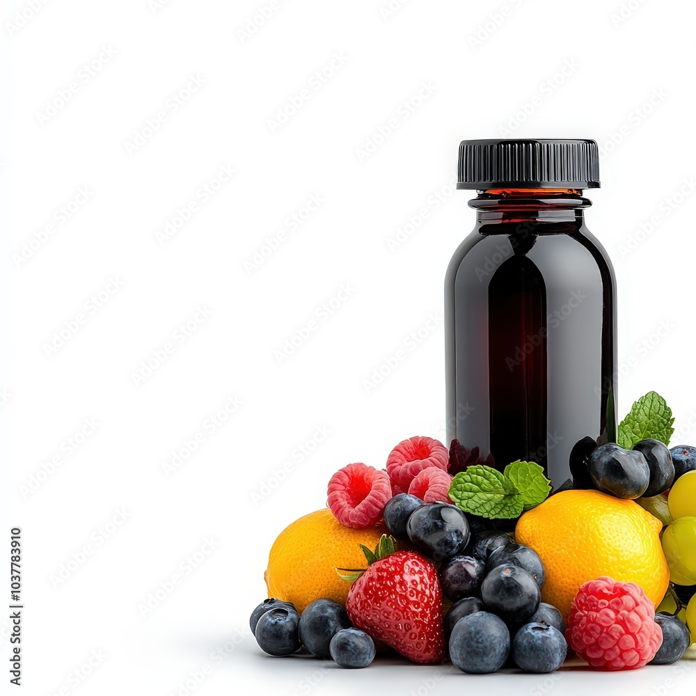Glass Bottle with Fresh Fruits on a Wooden Table Glass Bottle with Fresh Fruits on a Wooden Table