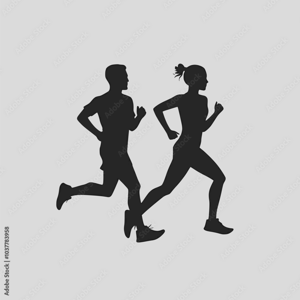 Running man and woman, isolated vector silhouettes. Run, side view. Silhouettes of athletic looking male and female runners running Running man and woman, isolated vector silhouettes. Run, side view. Silhouettes of athletic looking male and female runners running