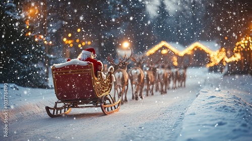 Santa Claus in his sleigh ready to take off, reindeer aligned in front, wide-angle from behind the sleigh, snow lightly falling, glowing lights from a nearby village, magical and festive  photo