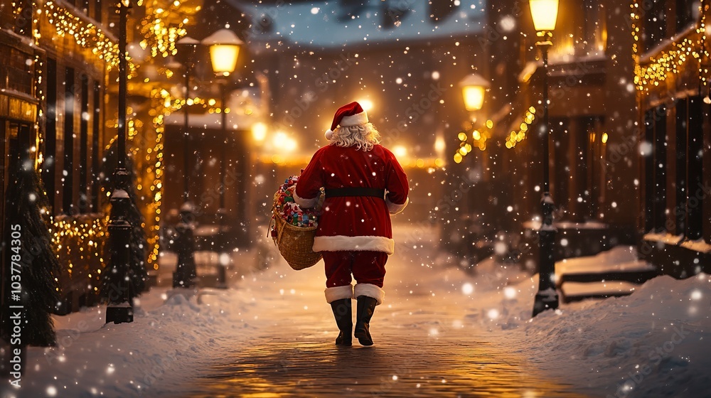 Santa Claus walking through a snowy village, carrying a sack of toys, wide-angle from behind, warm glow from street lamps, festive lights on every house, snow falling softly, joyful mood. Santa Claus walking through a snowy village, carrying a sack of toys, wide-angle from behind, warm glow from street lamps, festive lights on every house, snow falling softly, joyful mood.