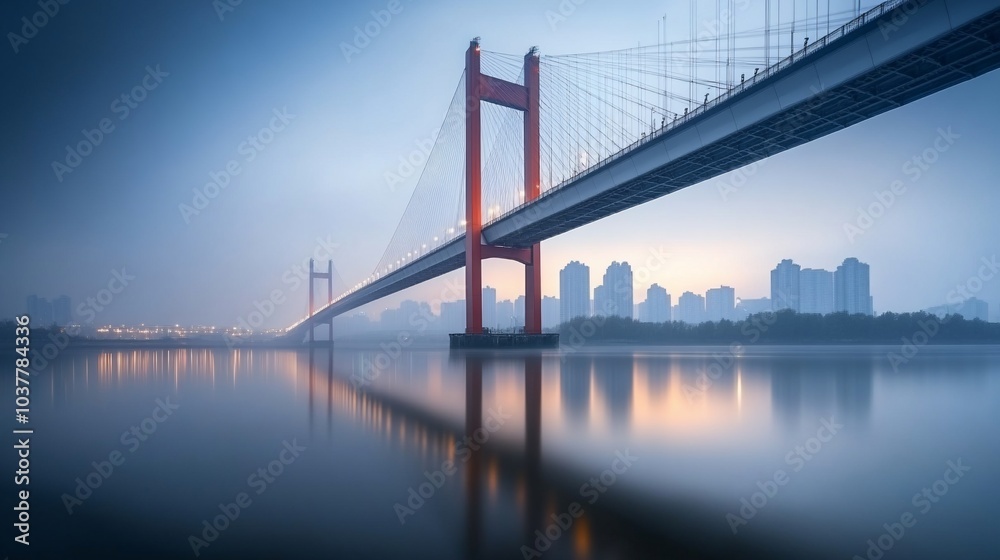 Fototapeta premium A modern suspension bridge stretches across a misty river with a city skyline in the background.