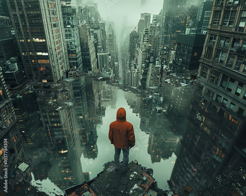 Cityscape Reflection with Man in Red Hoodie