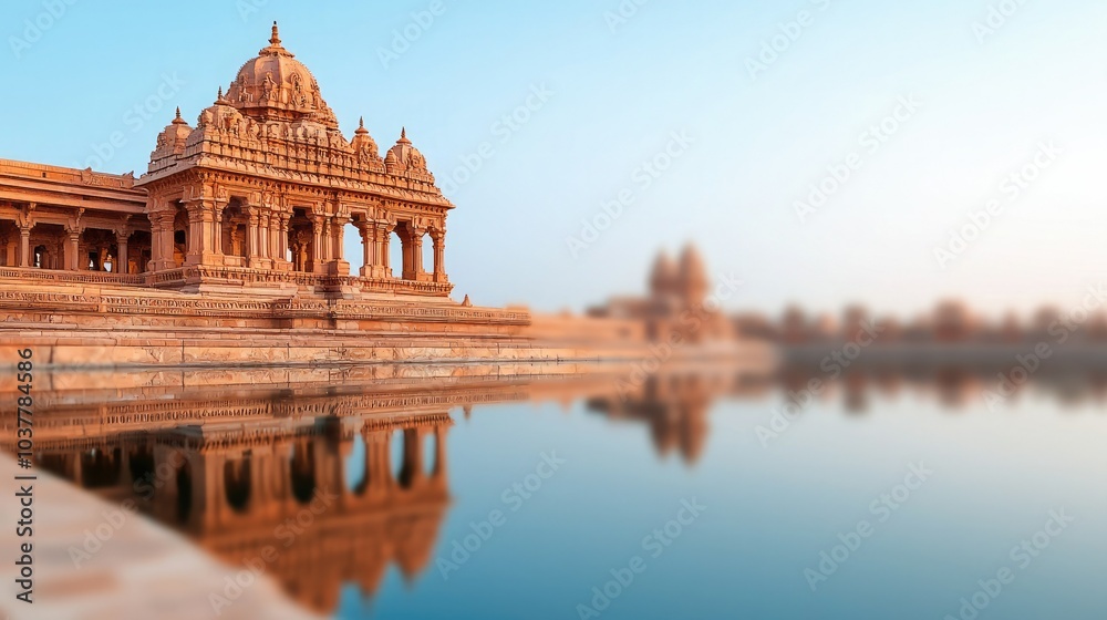 Fototapeta premium A stunning temple reflected in calm waters during a serene sunset, showcasing intricate architecture and vibrant colors.