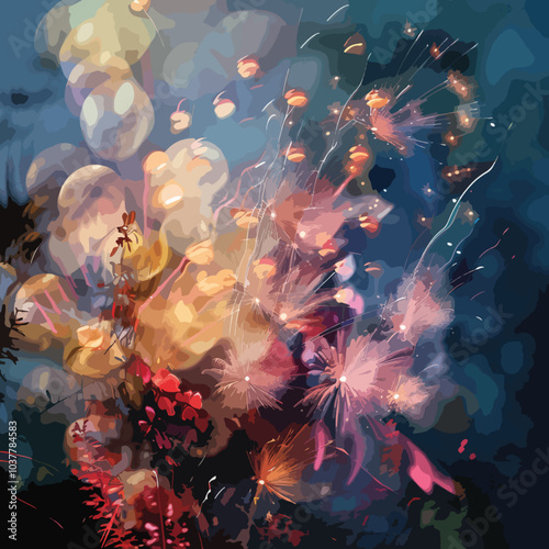 A composite image of fireworks being let off, Bokeh effect, Guy Fawkes Night, Christmas, New year 
