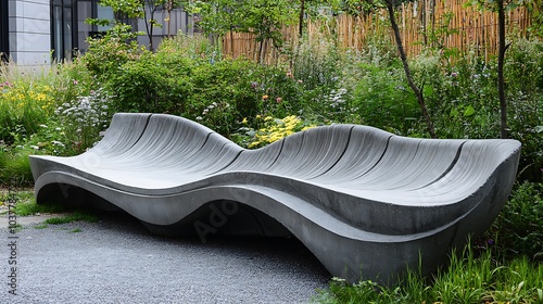 A creative concrete bench shaped like a wave, set in a quiet park corner.  photo