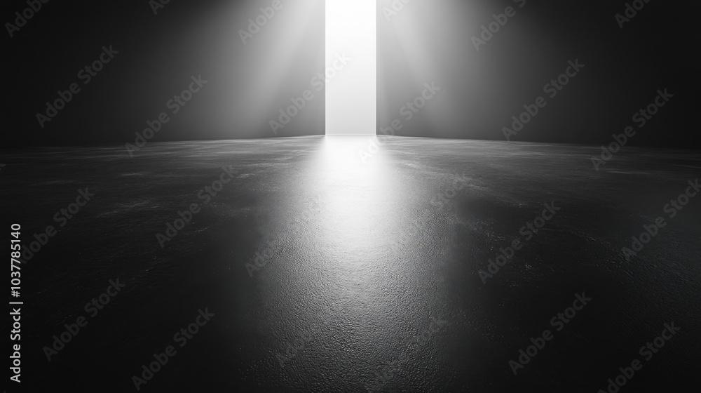A bright doorway illuminates a dark, reflective space. A bright doorway illuminates a dark, reflective space.