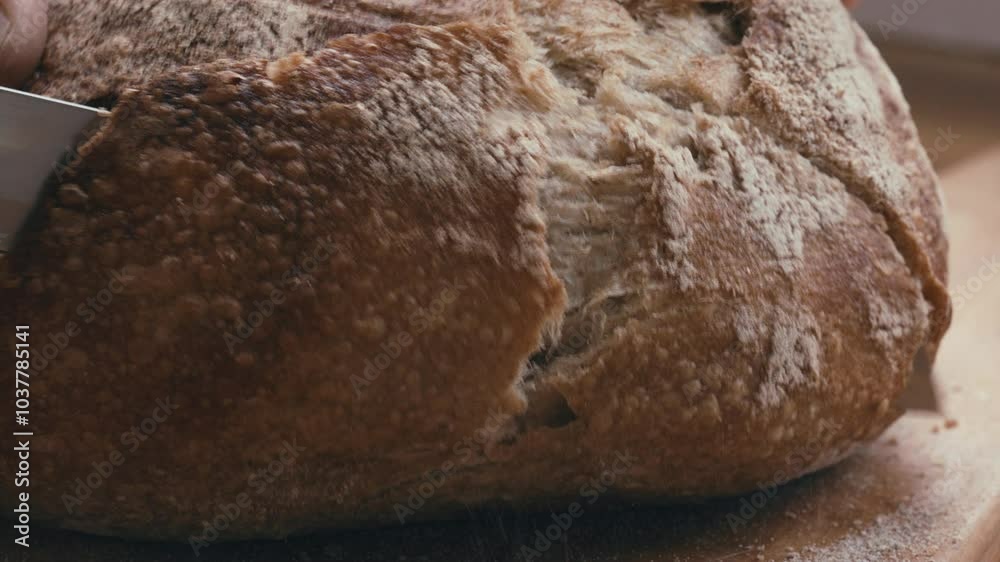 Hand slicing freshly baked loaf of crusty bread with serrated knife. Extreme close-up view