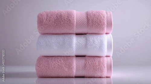 Stack of pink and white towels on a white background.
